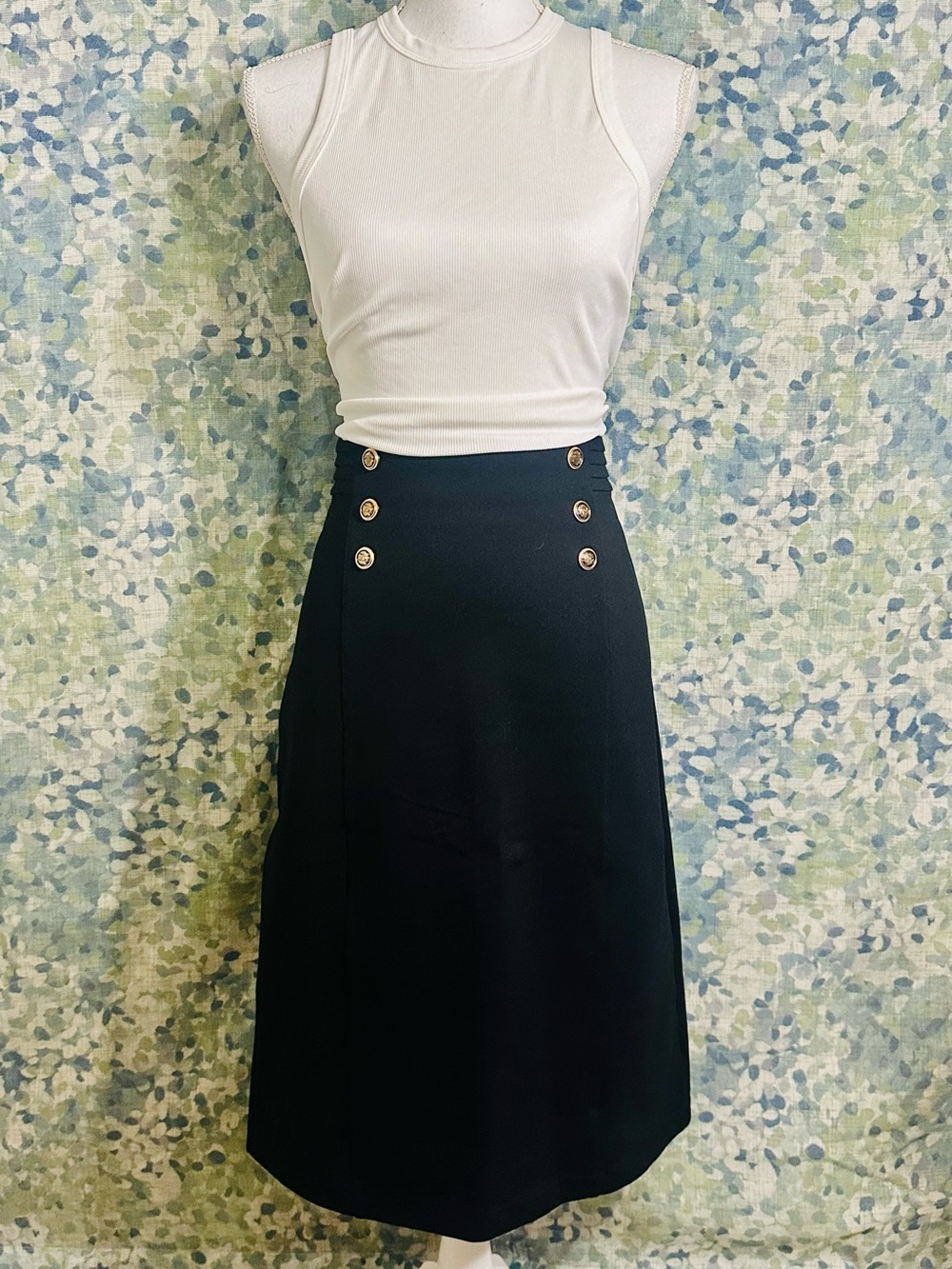 NWT Express High Waist Pencil Skirt Black Gold Button Military Detail Size L